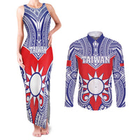 Personalised Taiwan Couples Matching Tank Maxi Dress and Long Sleeve Button Shirt Austronesian Tribal Tattoo Red - Polynesian Pride