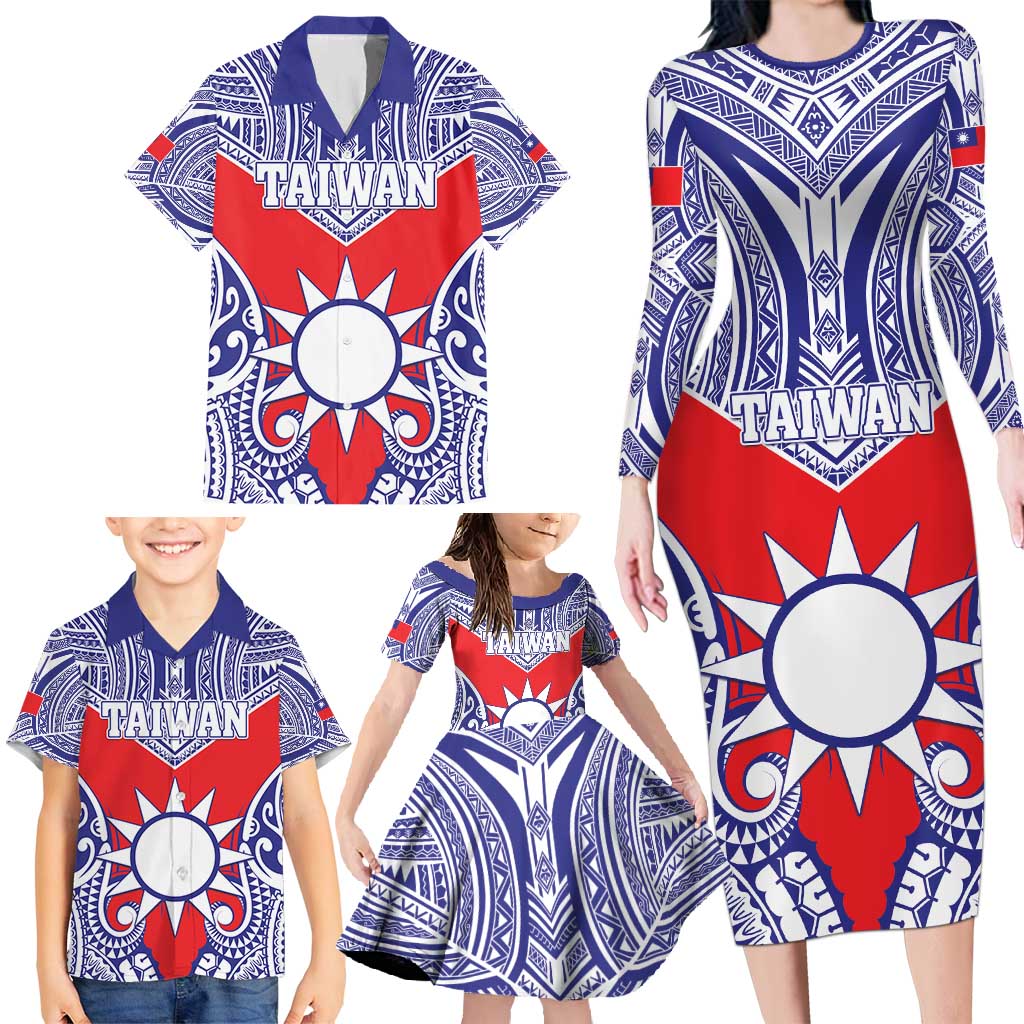Personalised Taiwan Family Matching Long Sleeve Bodycon Dress and Hawaiian Shirt Austronesian Tribal Tattoo Red - Polynesian Pride