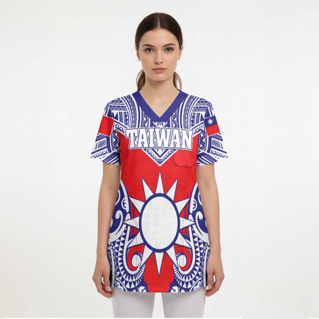 Personalised Taiwan Scrub Top Austronesian Tribal Tattoo Red - Polynesian Pride