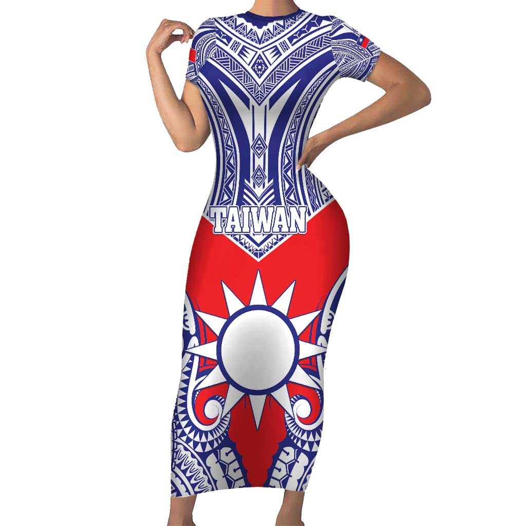 Personalised Taiwan Short Sleeve Bodycon Dress Austronesian Tribal Tattoo Red - Polynesian Pride