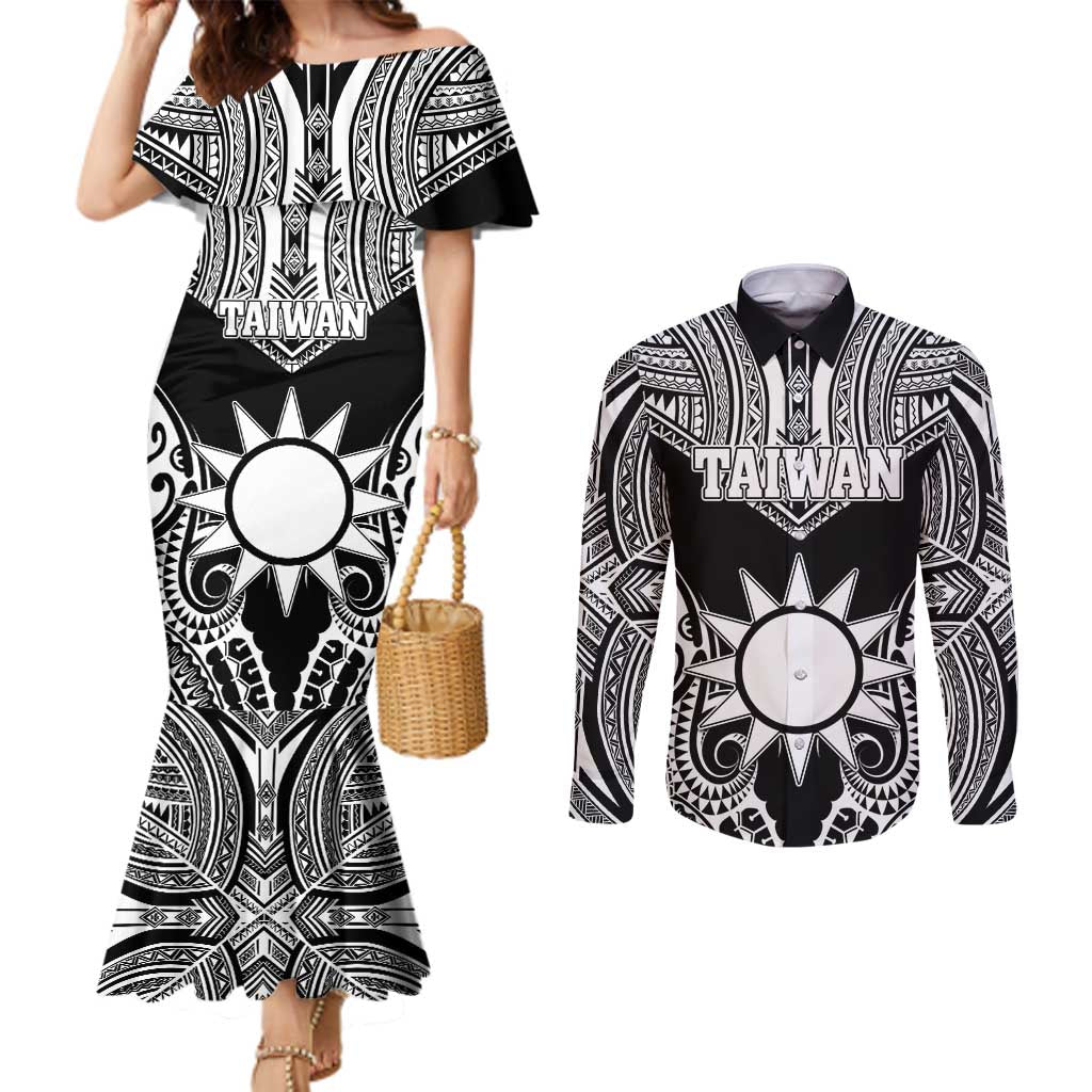 Personalised Taiwan Couples Matching Mermaid Dress and Long Sleeve Button Shirt Austronesian Tribal Tattoo Black LT05 Black - Polynesian Pride