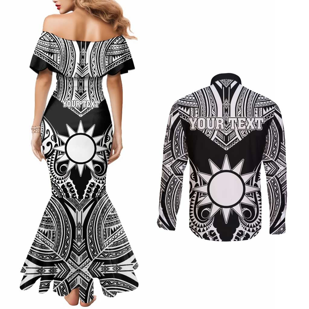 Personalised Taiwan Couples Matching Mermaid Dress and Long Sleeve Button Shirt Austronesian Tribal Tattoo Black - Polynesian Pride