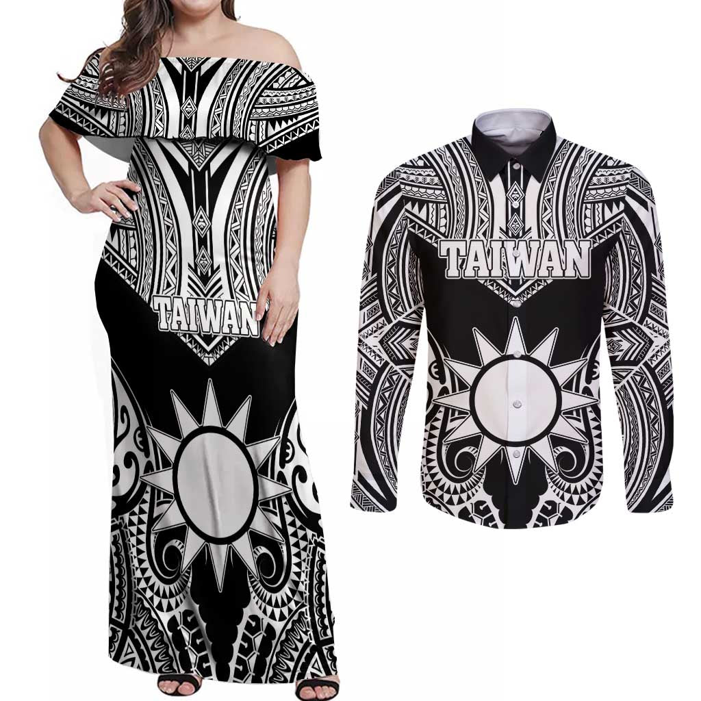 Personalised Taiwan Couples Matching Off Shoulder Maxi Dress and Long Sleeve Button Shirt Austronesian Tribal Tattoo Black LT05 Black - Polynesian Pride