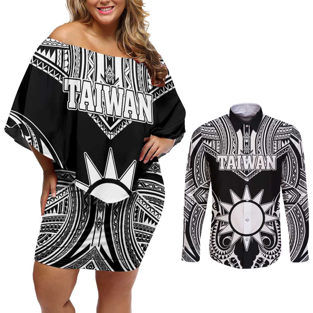 Personalised Taiwan Couples Matching Off Shoulder Short Dress and Long Sleeve Button Shirt Austronesian Tribal Tattoo Black LT05 Black - Polynesian Pride