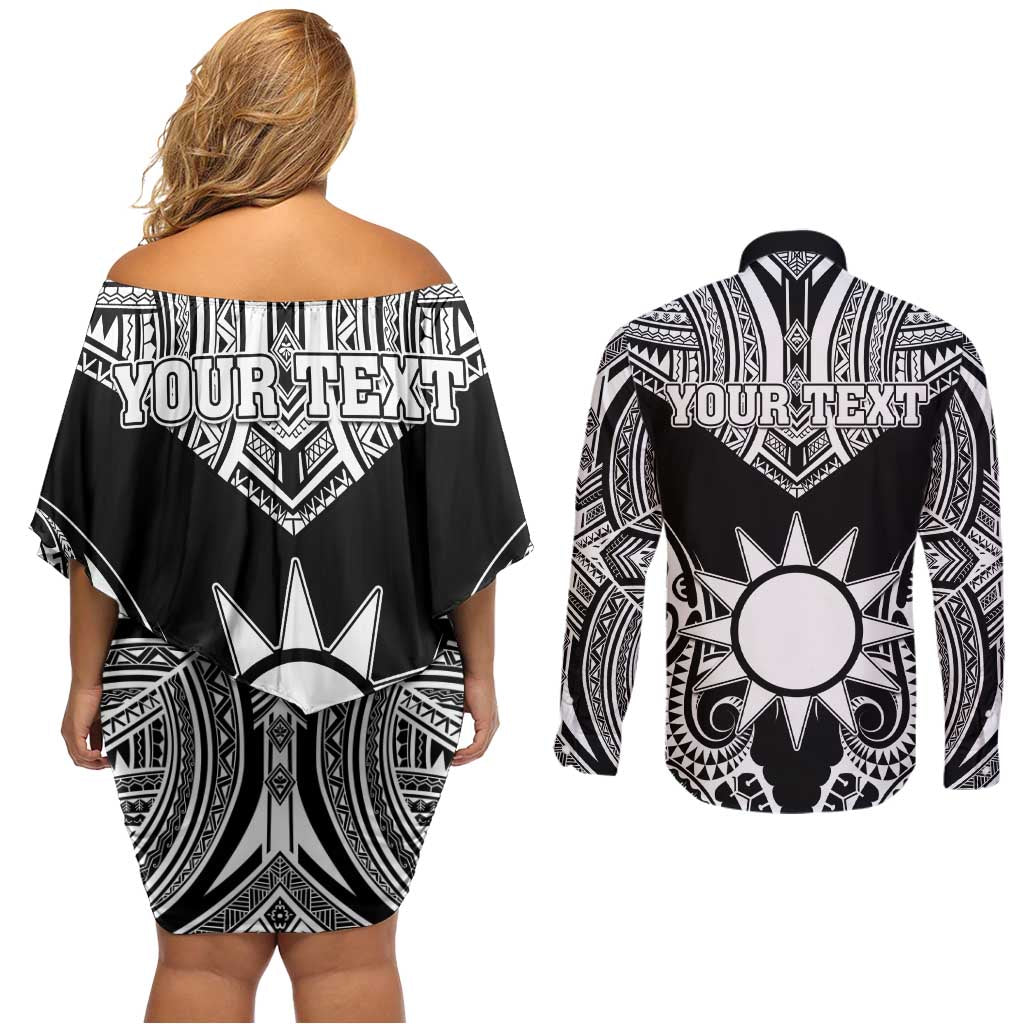 Personalised Taiwan Couples Matching Off Shoulder Short Dress and Long Sleeve Button Shirt Austronesian Tribal Tattoo Black - Polynesian Pride