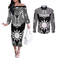 Personalised Taiwan Couples Matching Off The Shoulder Long Sleeve Dress and Long Sleeve Button Shirt Austronesian Tribal Tattoo Black - Polynesian Pride
