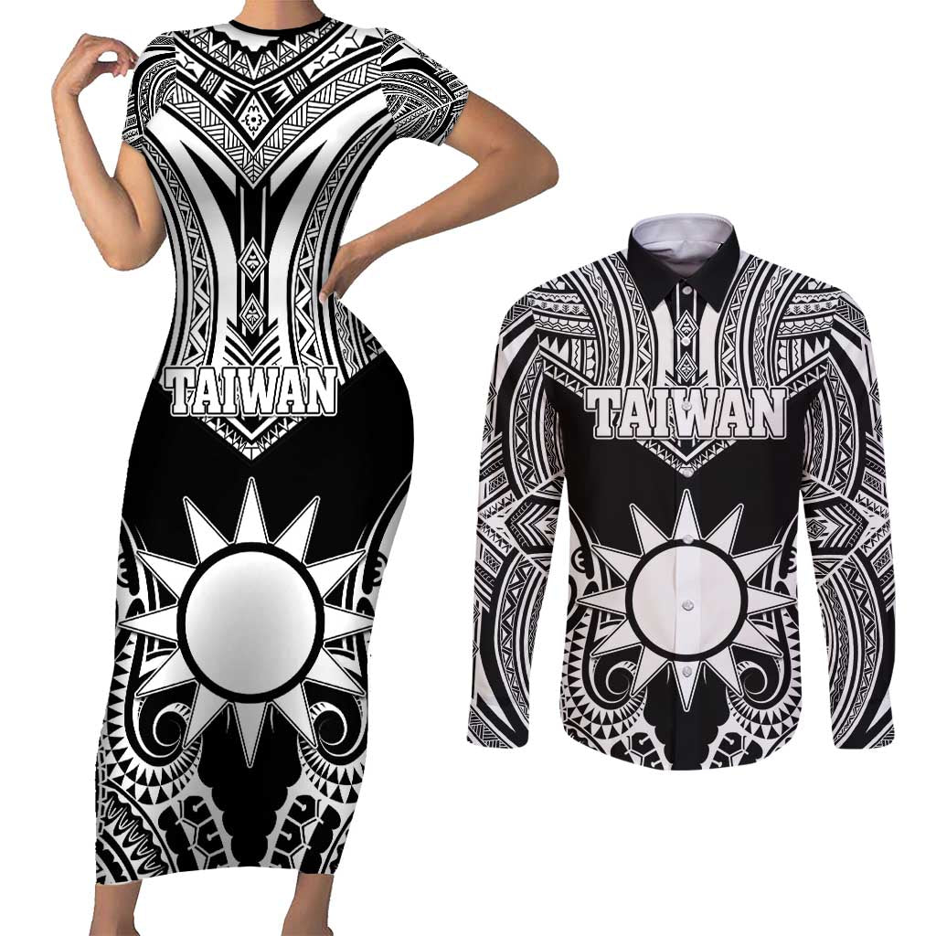 Personalised Taiwan Couples Matching Short Sleeve Bodycon Dress and Long Sleeve Button Shirt Austronesian Tribal Tattoo Black - Polynesian Pride