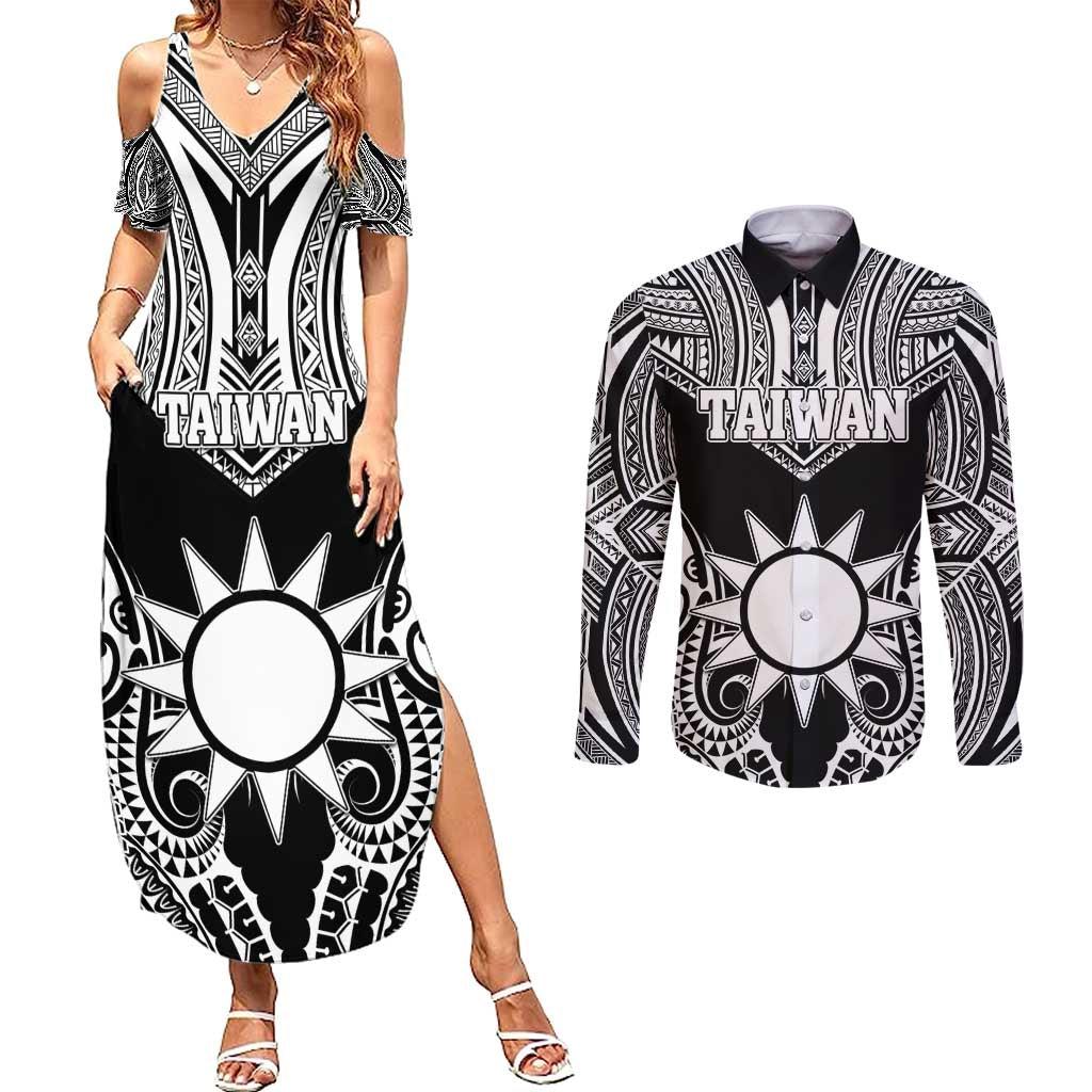Personalised Taiwan Couples Matching Summer Maxi Dress and Long Sleeve Button Shirt Austronesian Tribal Tattoo Black LT05 Black - Polynesian Pride