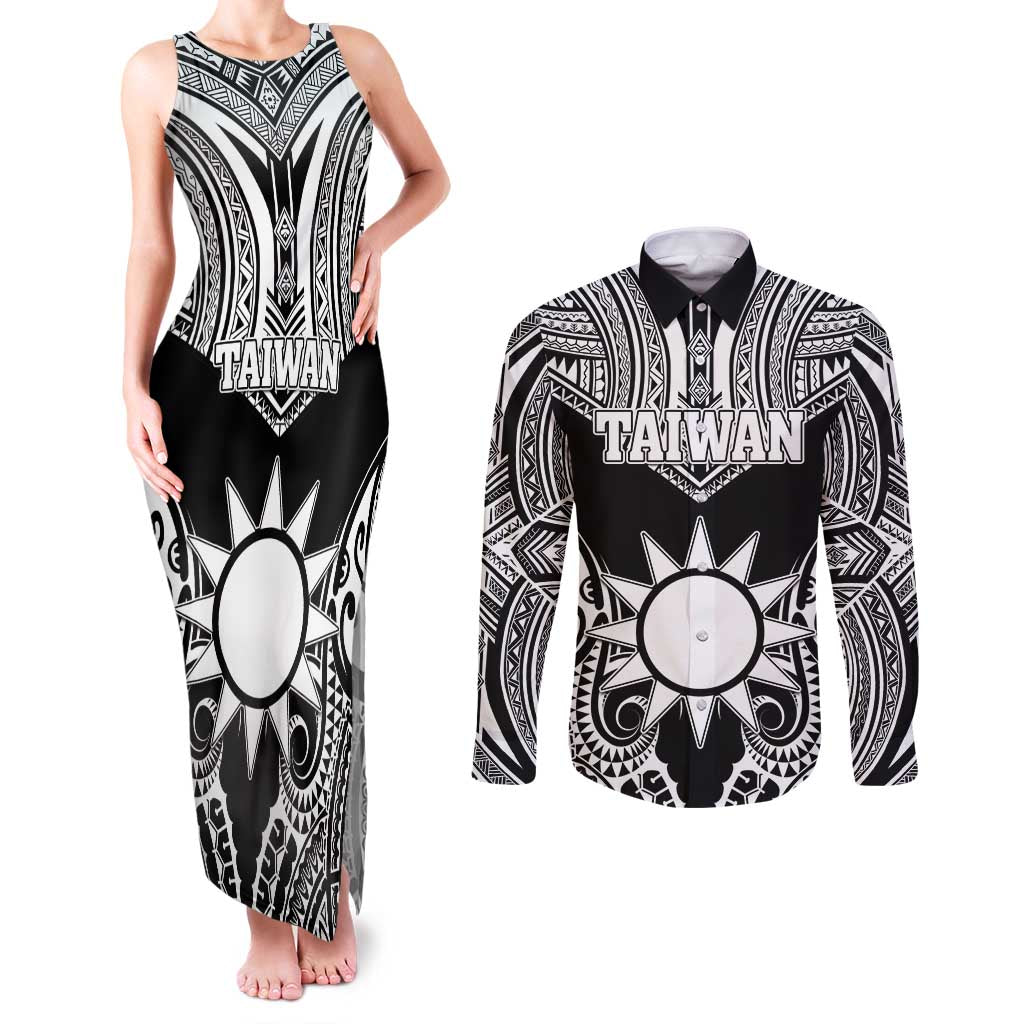 Personalised Taiwan Couples Matching Tank Maxi Dress and Long Sleeve Button Shirt Austronesian Tribal Tattoo Black LT05 Black - Polynesian Pride