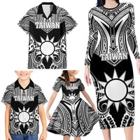 Personalised Taiwan Family Matching Long Sleeve Bodycon Dress and Hawaiian Shirt Austronesian Tribal Tattoo Black - Polynesian Pride