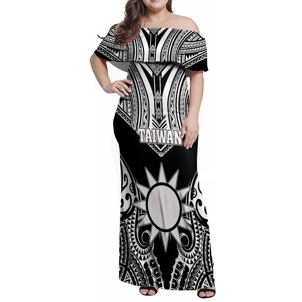 Personalised Taiwan Family Matching Off Shoulder Maxi Dress and Hawaiian Shirt Austronesian Tribal Tattoo Black - Polynesian Pride