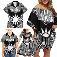 Personalised Taiwan Family Matching Off Shoulder Short Dress and Hawaiian Shirt Austronesian Tribal Tattoo Black - Polynesian Pride