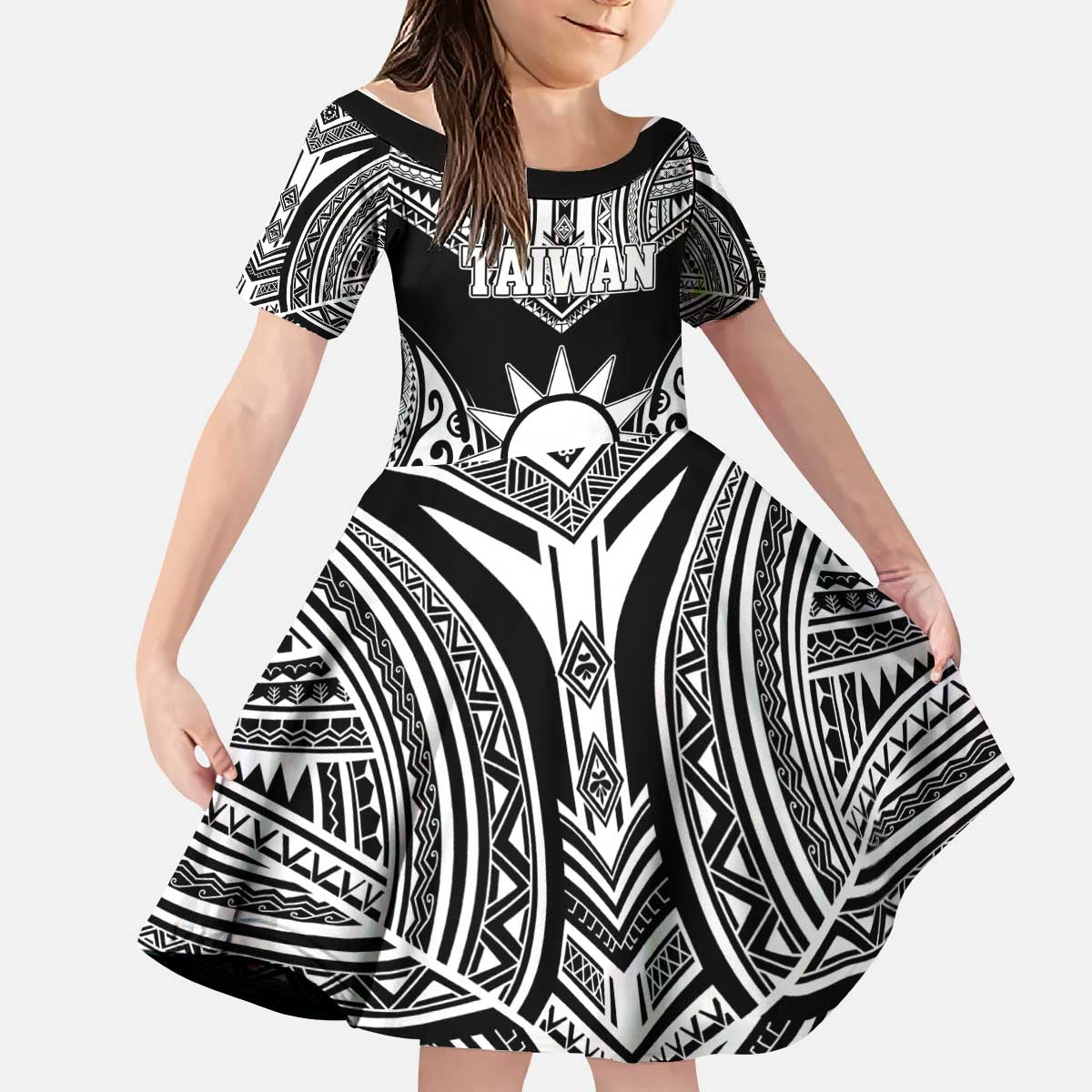 Personalised Taiwan Kid Short Sleeve Dress Austronesian Tribal Tattoo Black - Polynesian Pride