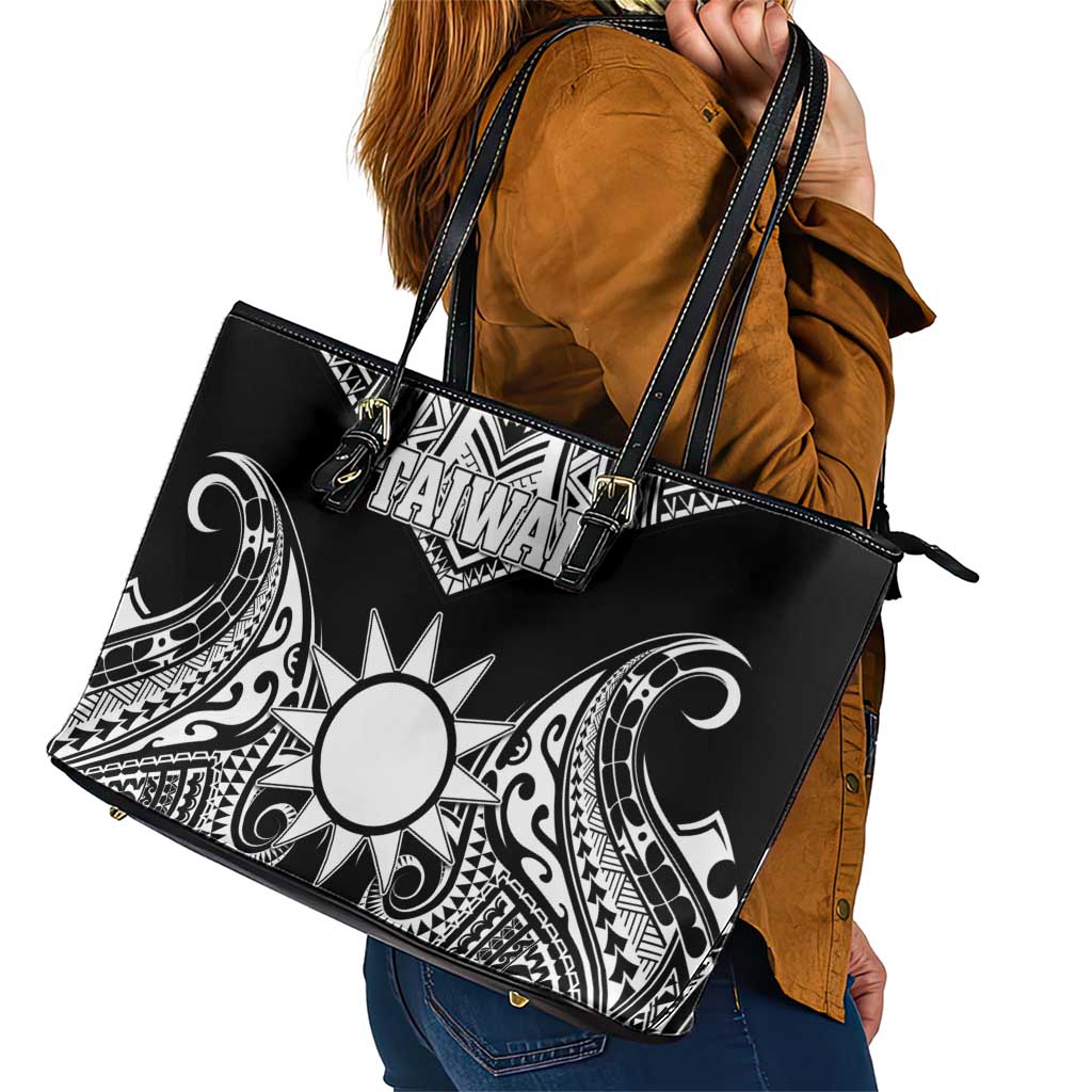 Taiwan Leather Tote Bag Austronesian Tribal Tattoo Black - Polynesian Pride