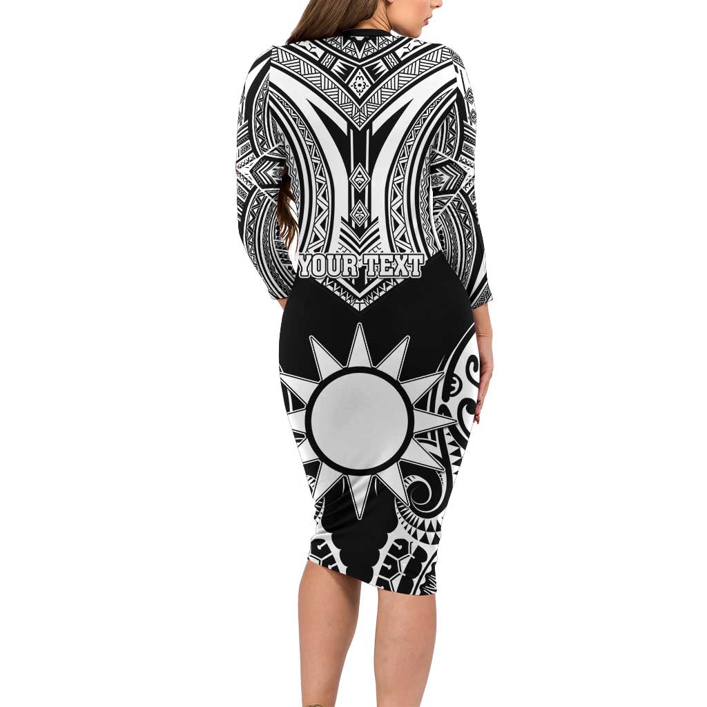 Personalised Taiwan Long Sleeve Bodycon Dress Austronesian Tribal Tattoo Black - Polynesian Pride