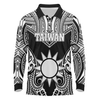 Personalised Taiwan Long Sleeve Polo Shirt Austronesian Tribal Tattoo Black - Polynesian Pride