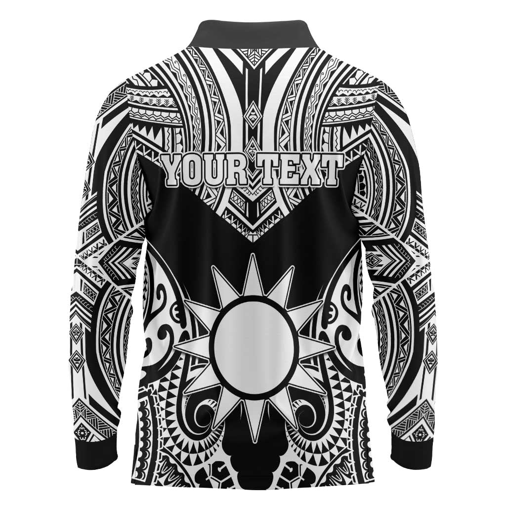 Personalised Taiwan Long Sleeve Polo Shirt Austronesian Tribal Tattoo Black - Polynesian Pride