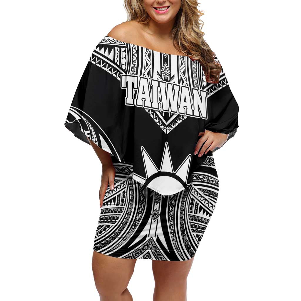 Personalised Taiwan Off Shoulder Short Dress Austronesian Tribal Tattoo Black - Polynesian Pride