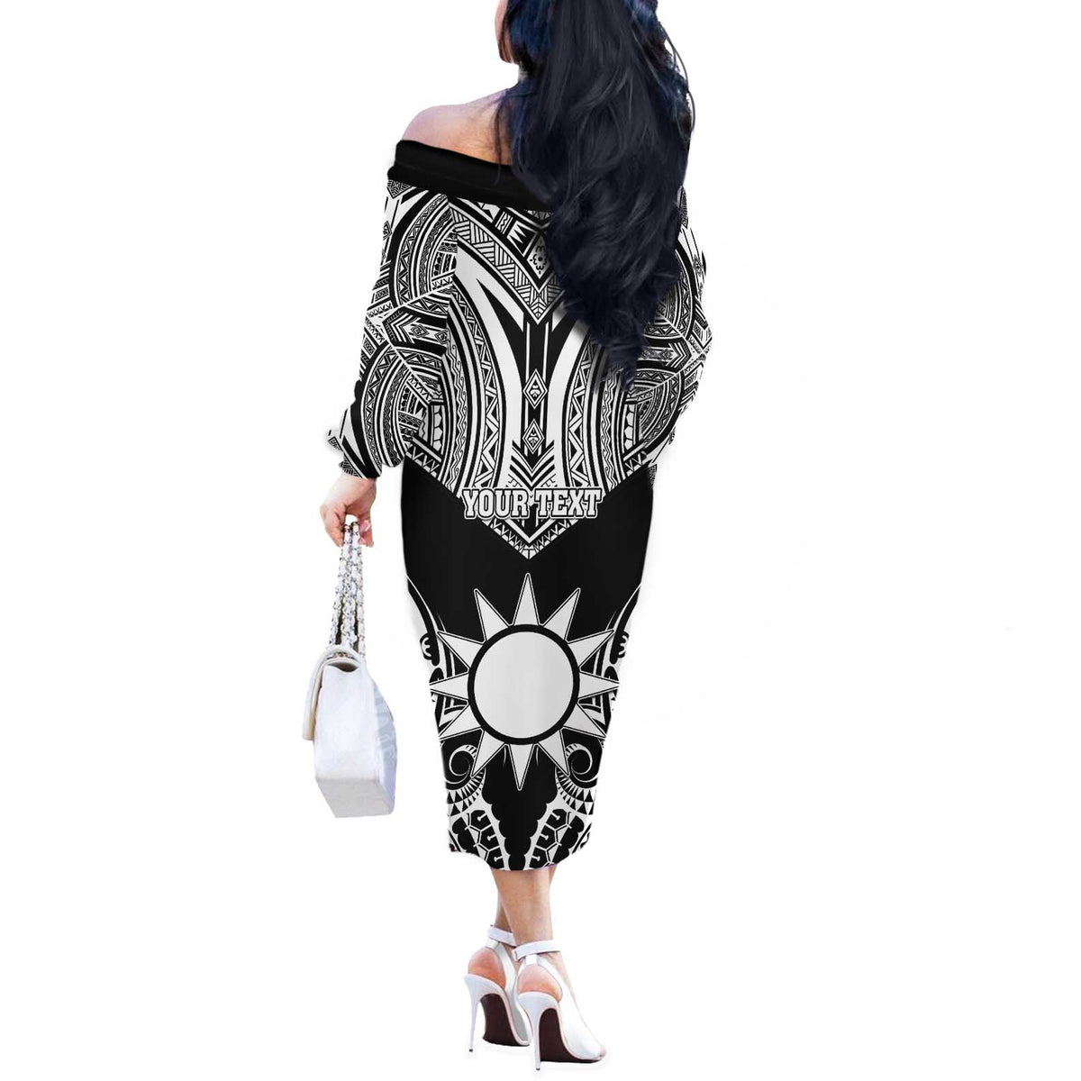 Personalised Taiwan Off The Shoulder Long Sleeve Dress Austronesian Tribal Tattoo Black - Polynesian Pride