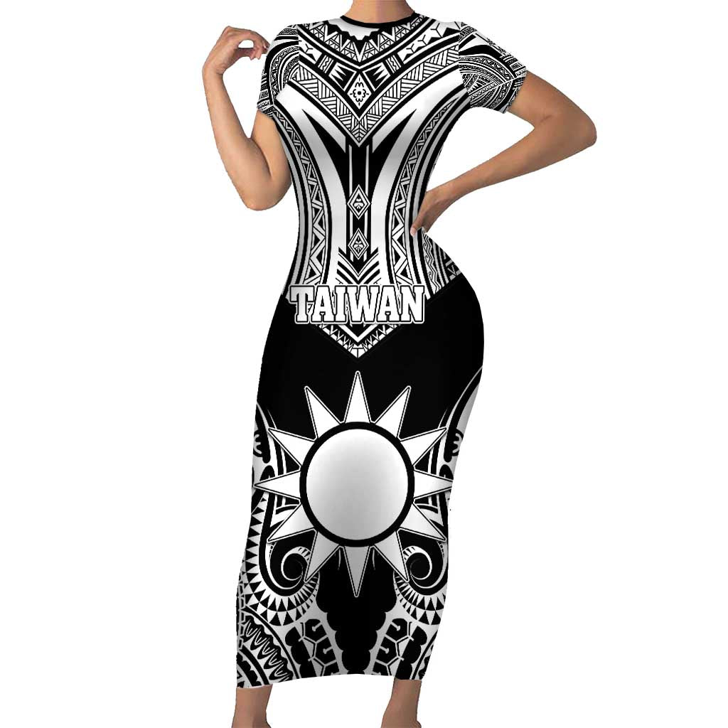Personalised Taiwan Short Sleeve Bodycon Dress Austronesian Tribal Tattoo Black - Polynesian Pride