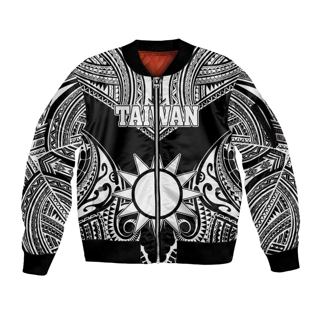 Personalised Taiwan Sleeve Zip Bomber Jacket Austronesian Tribal Tattoo Black LT05 Unisex Black - Polynesian Pride