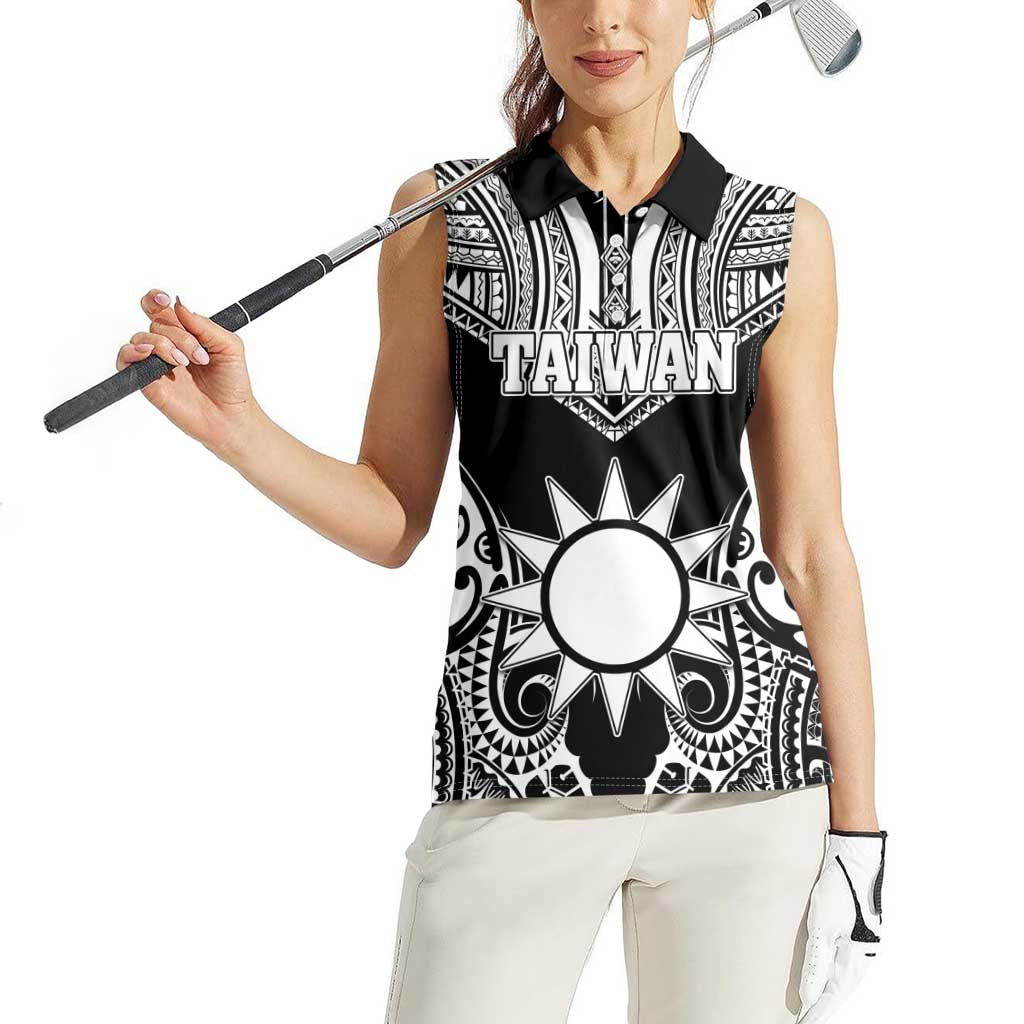 Personalised Taiwan Women Sleeveless Polo Shirt Austronesian Tribal Tattoo Black - Polynesian Pride