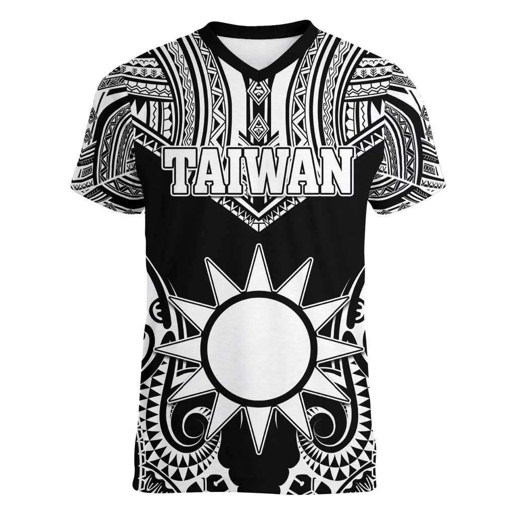 Personalised Taiwan Women V-Neck T-Shirt Austronesian Tribal Tattoo Black - Polynesian Pride