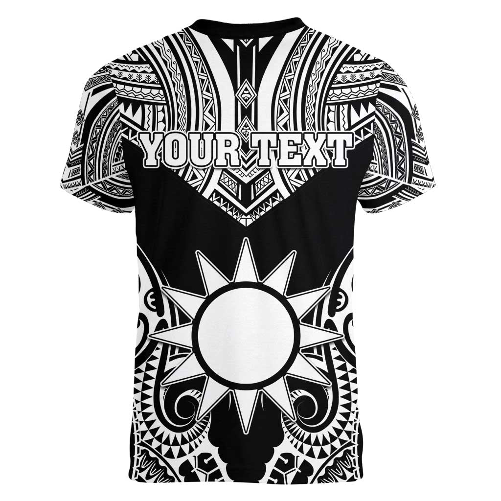Personalised Taiwan Women V-Neck T-Shirt Austronesian Tribal Tattoo Black - Polynesian Pride