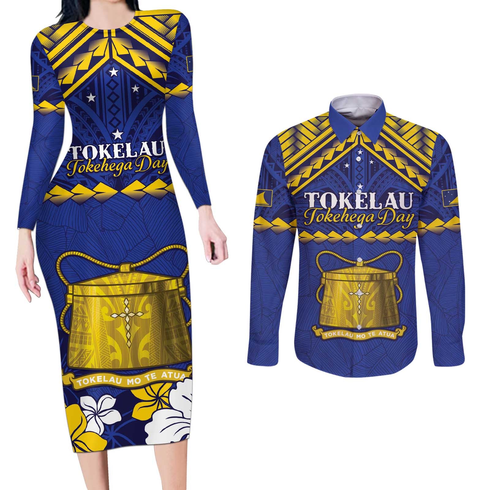 Personalised Tokelau Happy Tokehega Day Couples Matching Long Sleeve Bodycon Dress and Long Sleeve Button Shirt Polynesian Tribal Tattoo LT05 Blue - Polynesian Pride