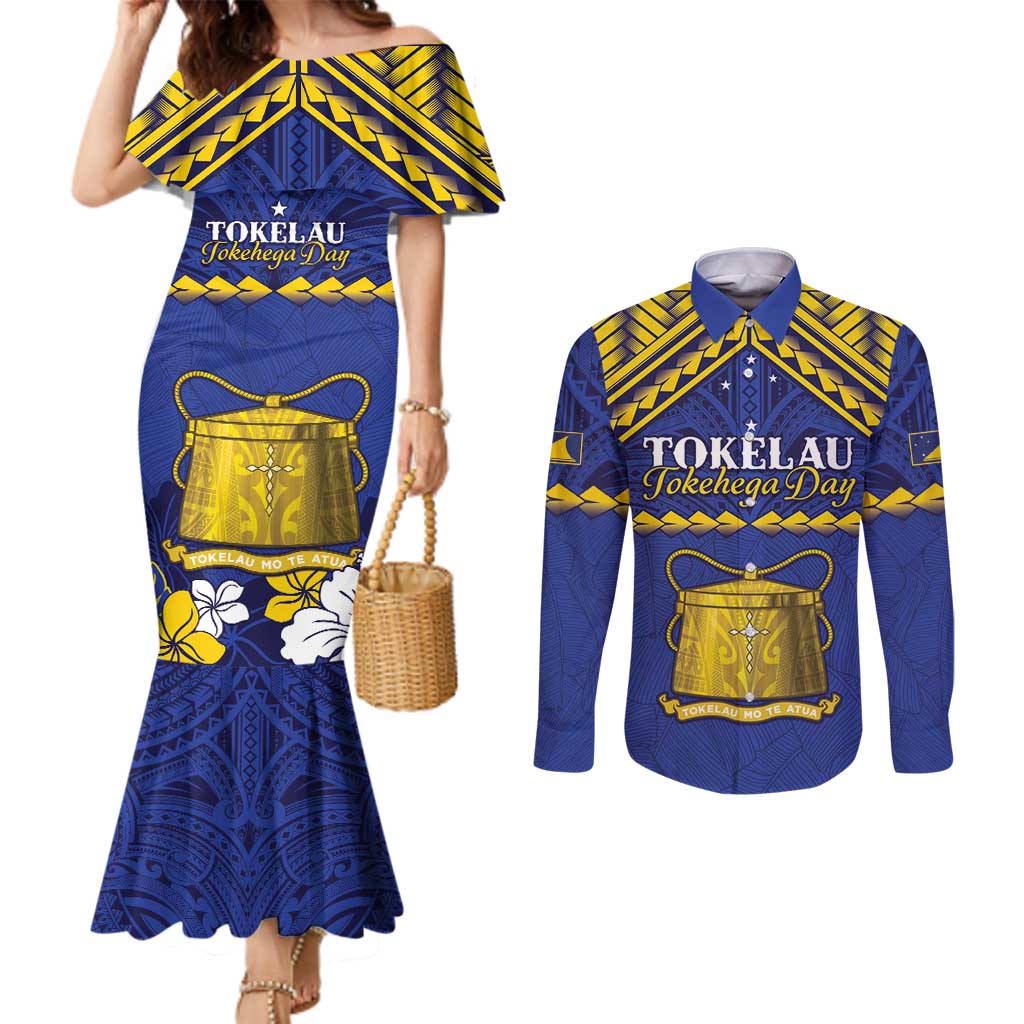 Personalised Tokelau Happy Tokehega Day Couples Matching Mermaid Dress and Long Sleeve Button Shirt Polynesian Tribal Tattoo LT05 Blue - Polynesian Pride