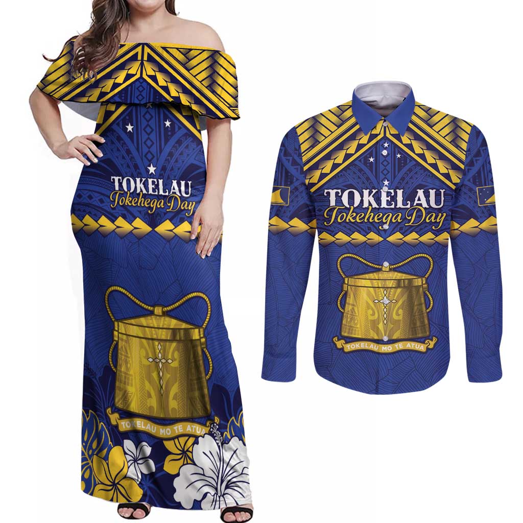 Personalised Tokelau Happy Tokehega Day Couples Matching Off Shoulder Maxi Dress and Long Sleeve Button Shirt Polynesian Tribal Tattoo LT05 Blue - Polynesian Pride