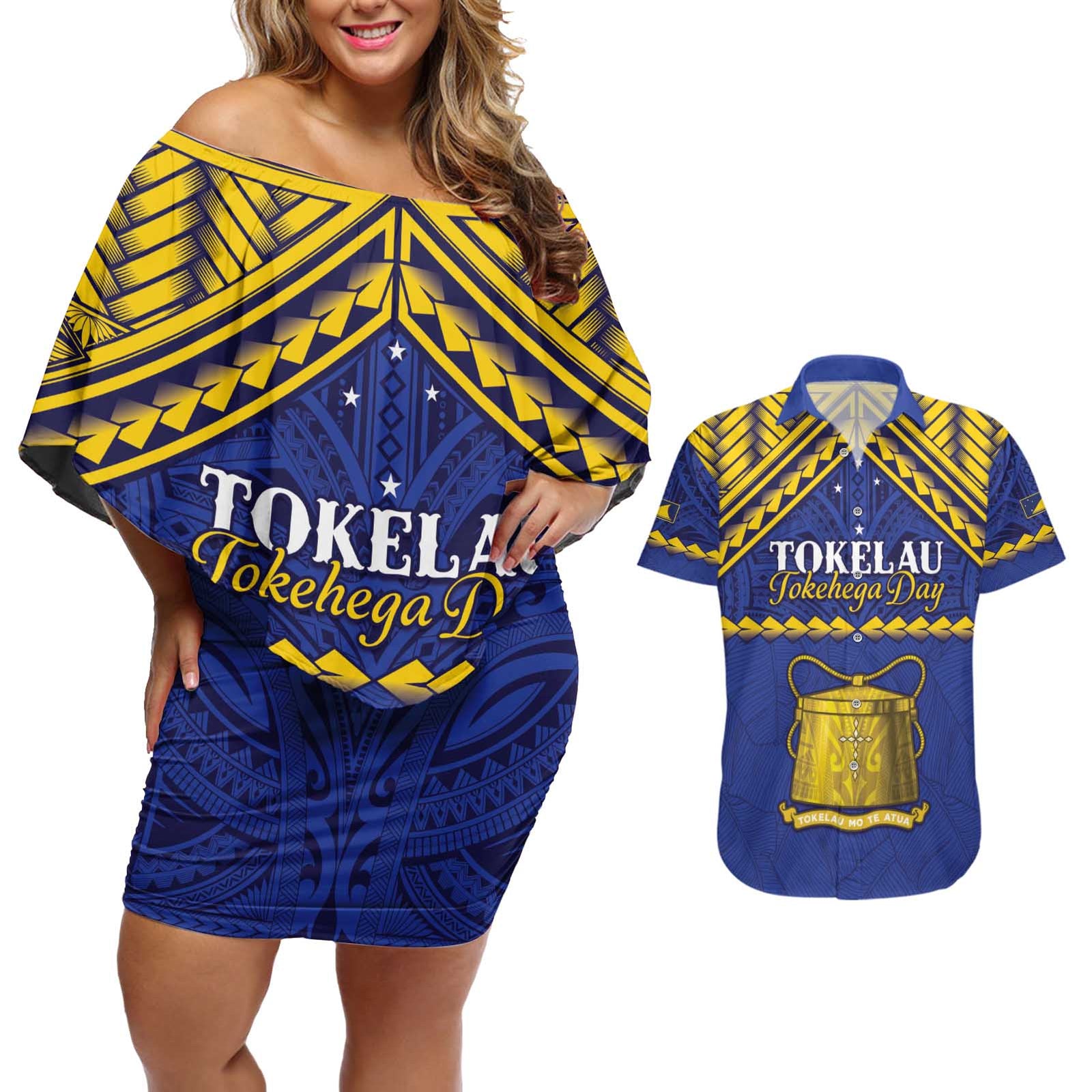 Personalised Tokelau Happy Tokehega Day Couples Matching Off Shoulder Short Dress and Hawaiian Shirt Polynesian Tribal Tattoo LT05 Blue - Polynesian Pride