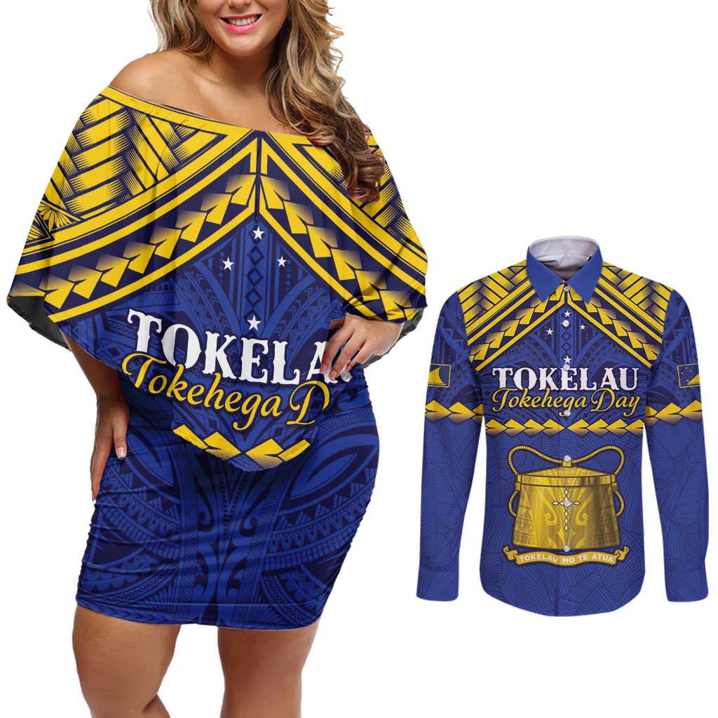 Personalised Tokelau Happy Tokehega Day Couples Matching Off Shoulder Short Dress and Long Sleeve Button Shirt Polynesian Tribal Tattoo LT05 Blue - Polynesian Pride