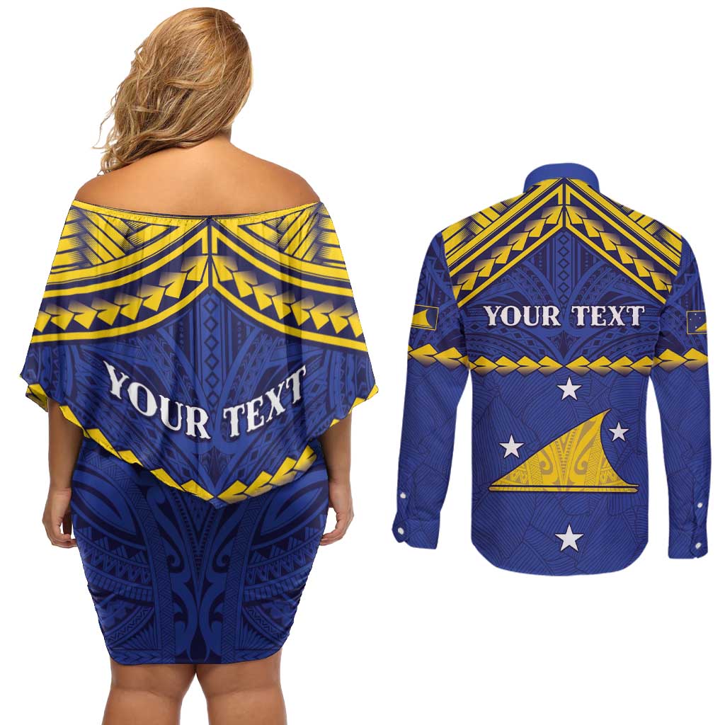 Personalised Tokelau Happy Tokehega Day Couples Matching Off Shoulder Short Dress and Long Sleeve Button Shirt Polynesian Tribal Tattoo