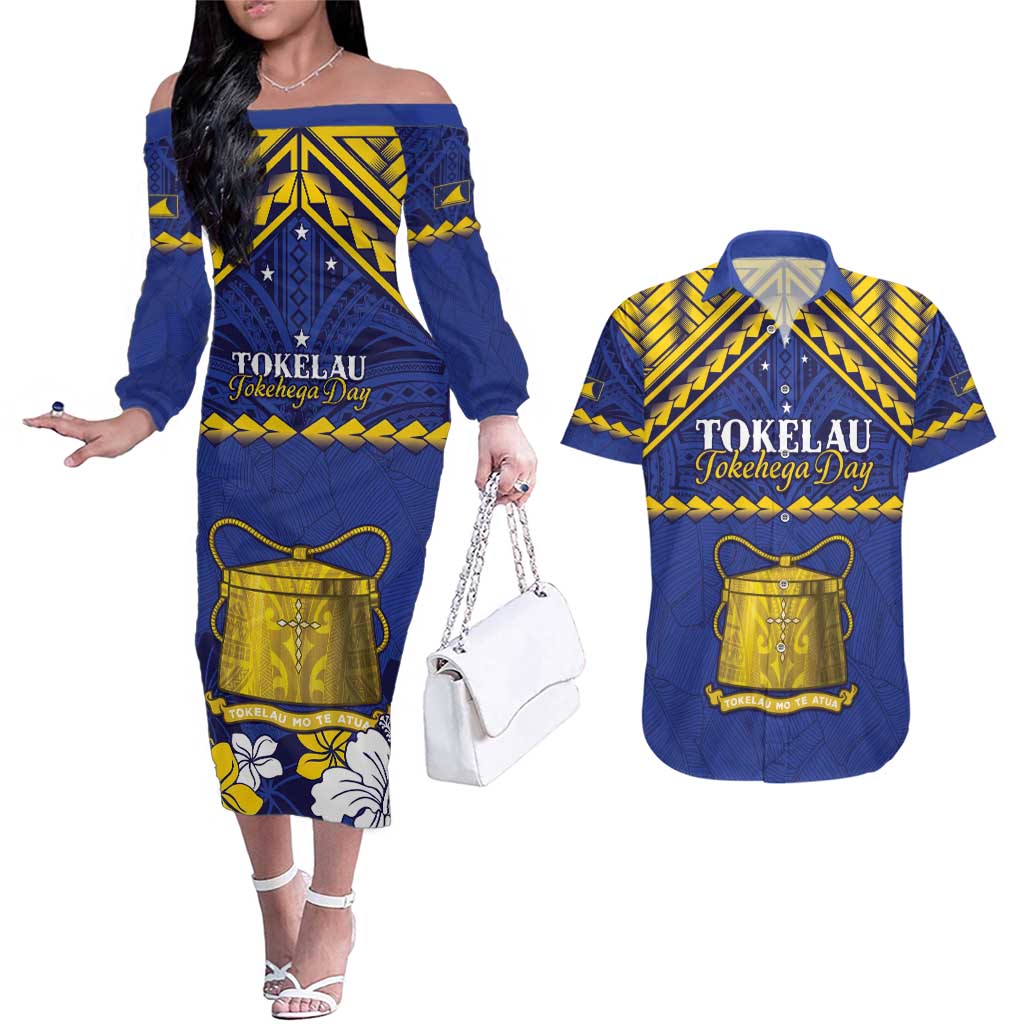 Personalised Tokelau Happy Tokehega Day Couples Matching Off The Shoulder Long Sleeve Dress and Hawaiian Shirt Polynesian Tribal Tattoo LT05 Blue - Polynesian Pride