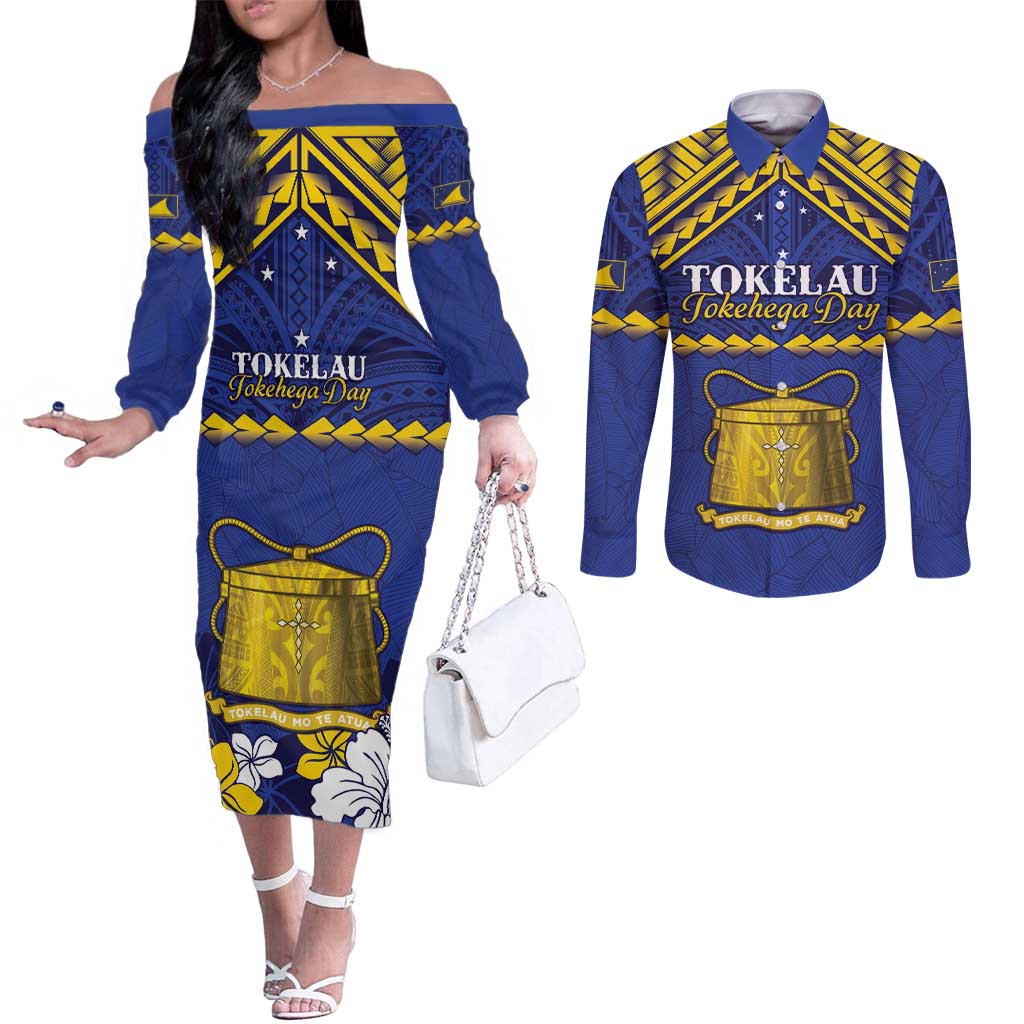 Personalised Tokelau Happy Tokehega Day Couples Matching Off The Shoulder Long Sleeve Dress and Long Sleeve Button Shirt Polynesian Tribal Tattoo LT05 Blue - Polynesian Pride