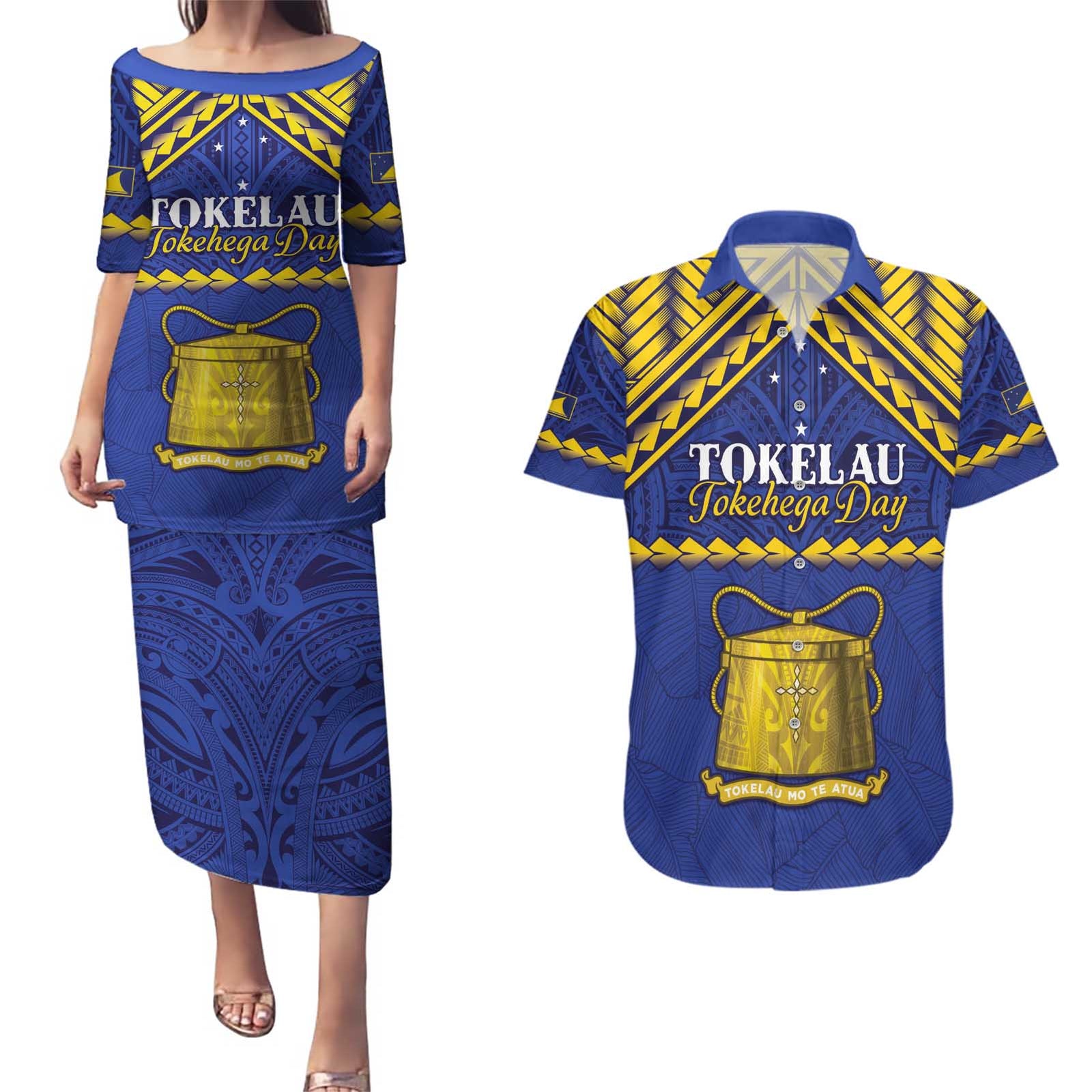 Personalised Tokelau Happy Tokehega Day Couples Matching Puletasi and Hawaiian Shirt Polynesian Tribal Tattoo LT05 Blue - Polynesian Pride