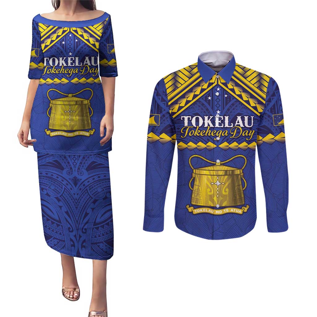 Personalised Tokelau Happy Tokehega Day Couples Matching Puletasi and Long Sleeve Button Shirt Polynesian Tribal Tattoo LT05 Blue - Polynesian Pride