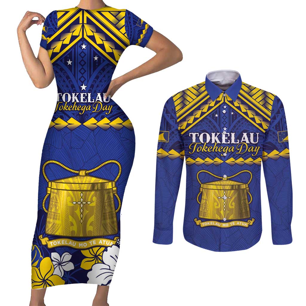 Personalised Tokelau Happy Tokehega Day Couples Matching Short Sleeve Bodycon Dress and Long Sleeve Button Shirt Polynesian Tribal Tattoo LT05 Blue - Polynesian Pride