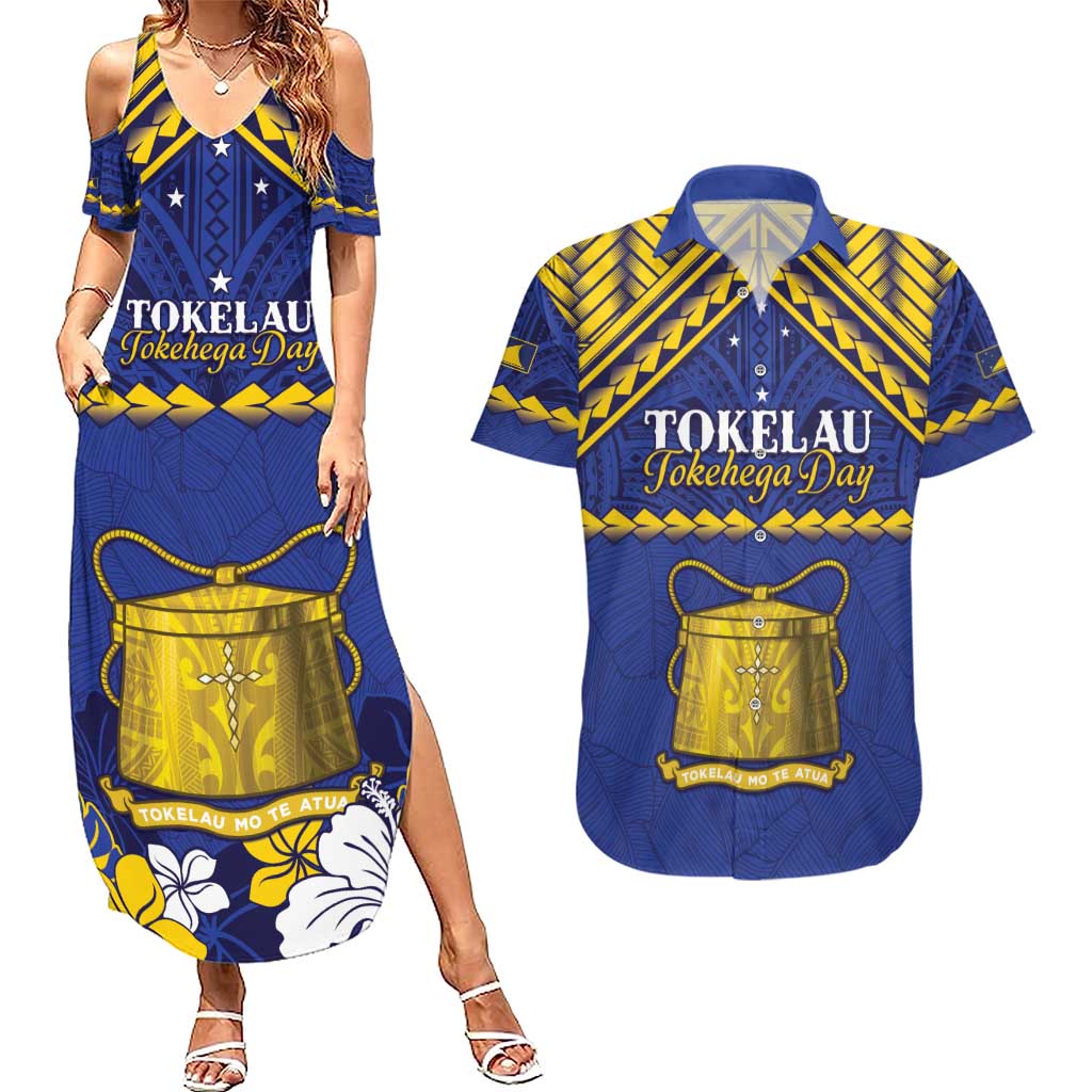 Personalised Tokelau Happy Tokehega Day Couples Matching Summer Maxi Dress and Hawaiian Shirt Polynesian Tribal Tattoo LT05 Blue - Polynesian Pride