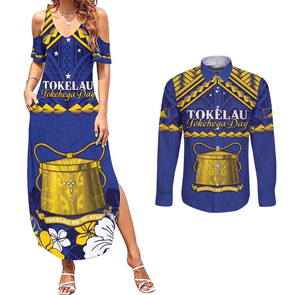 Personalised Tokelau Happy Tokehega Day Couples Matching Summer Maxi Dress and Long Sleeve Button Shirt Polynesian Tribal Tattoo LT05 Blue - Polynesian Pride