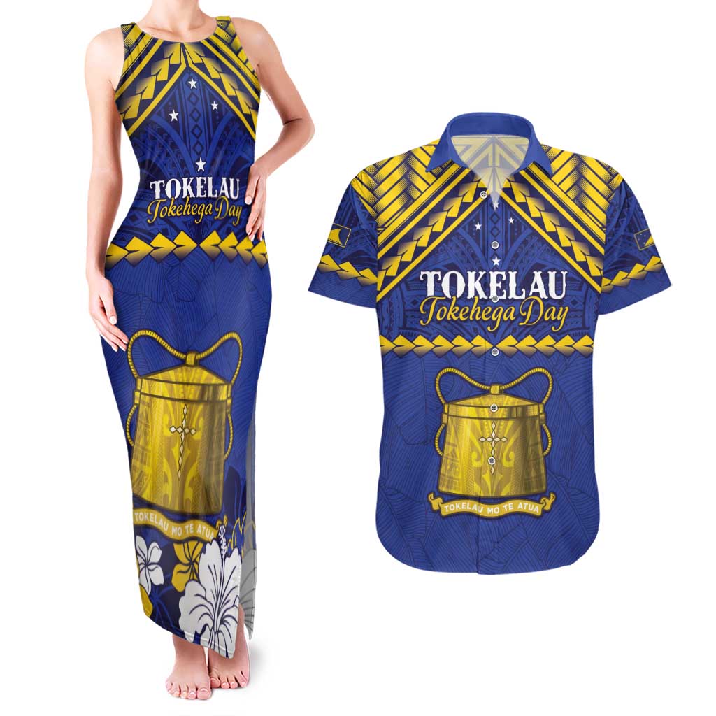 Personalised Tokelau Happy Tokehega Day Couples Matching Tank Maxi Dress and Hawaiian Shirt Polynesian Tribal Tattoo LT05 Blue - Polynesian Pride