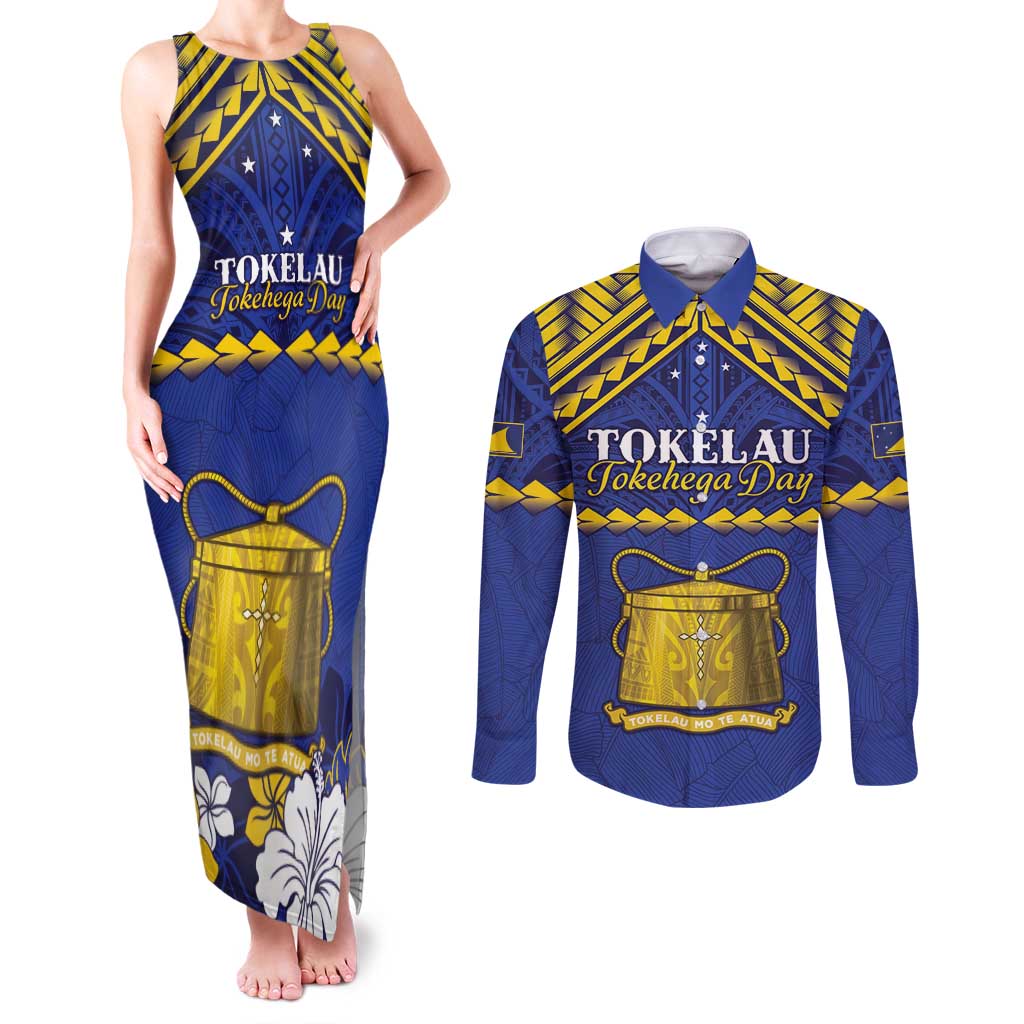 Personalised Tokelau Happy Tokehega Day Couples Matching Tank Maxi Dress and Long Sleeve Button Shirt Polynesian Tribal Tattoo LT05 Blue - Polynesian Pride