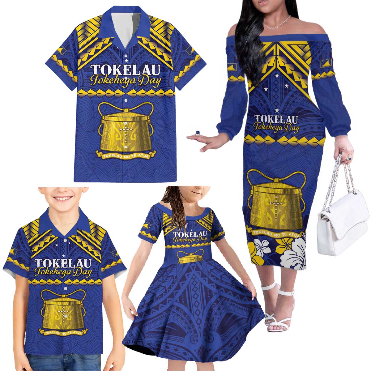 Personalised Tokelau Happy Tokehega Day Family Matching Off The Shoulder Long Sleeve Dress and Hawaiian Shirt Polynesian Tribal Tattoo LT05 - Polynesian Pride