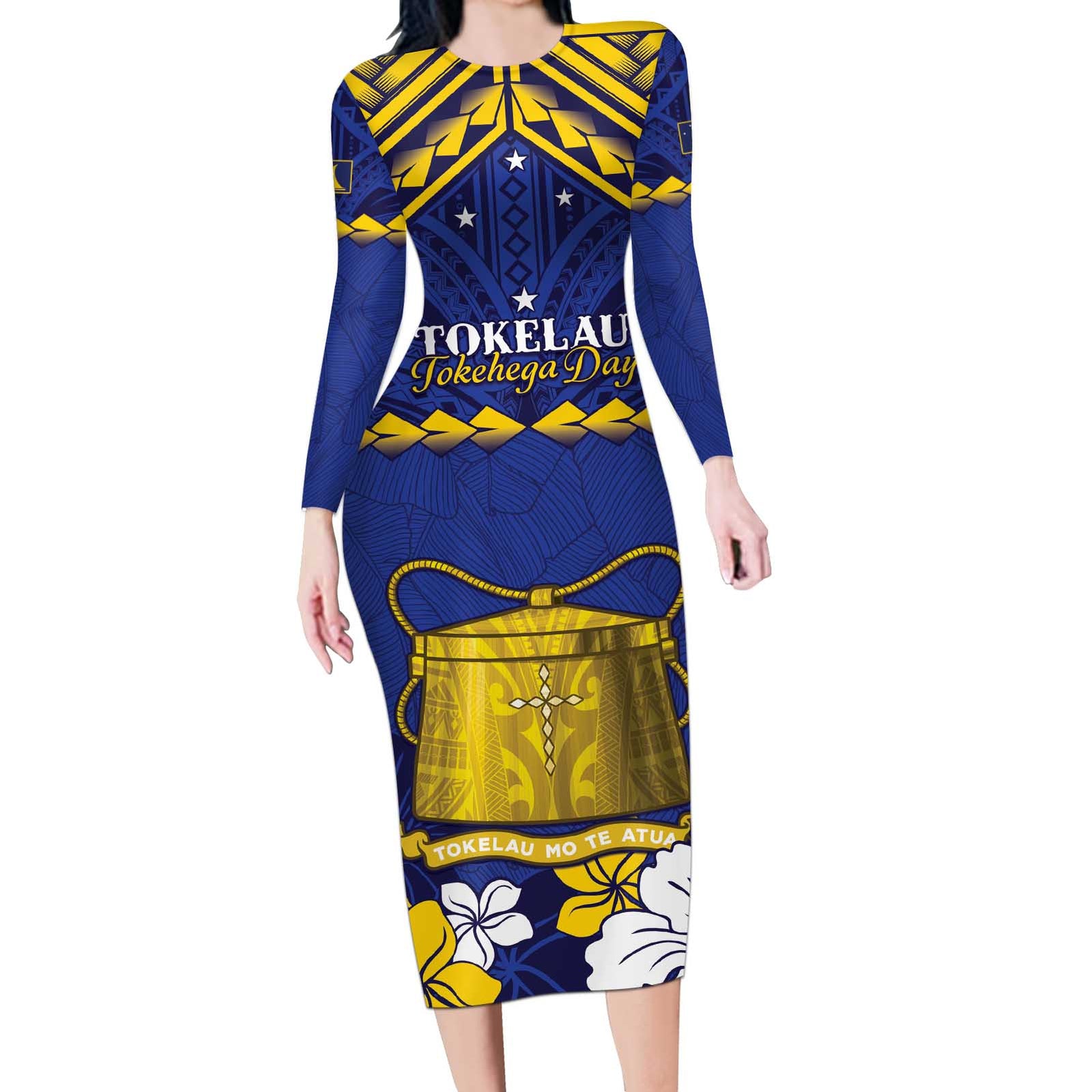 Personalised Tokelau Happy Tokehega Day Long Sleeve Bodycon Dress Polynesian Tribal Tattoo LT05 Long Dress Blue - Polynesian Pride