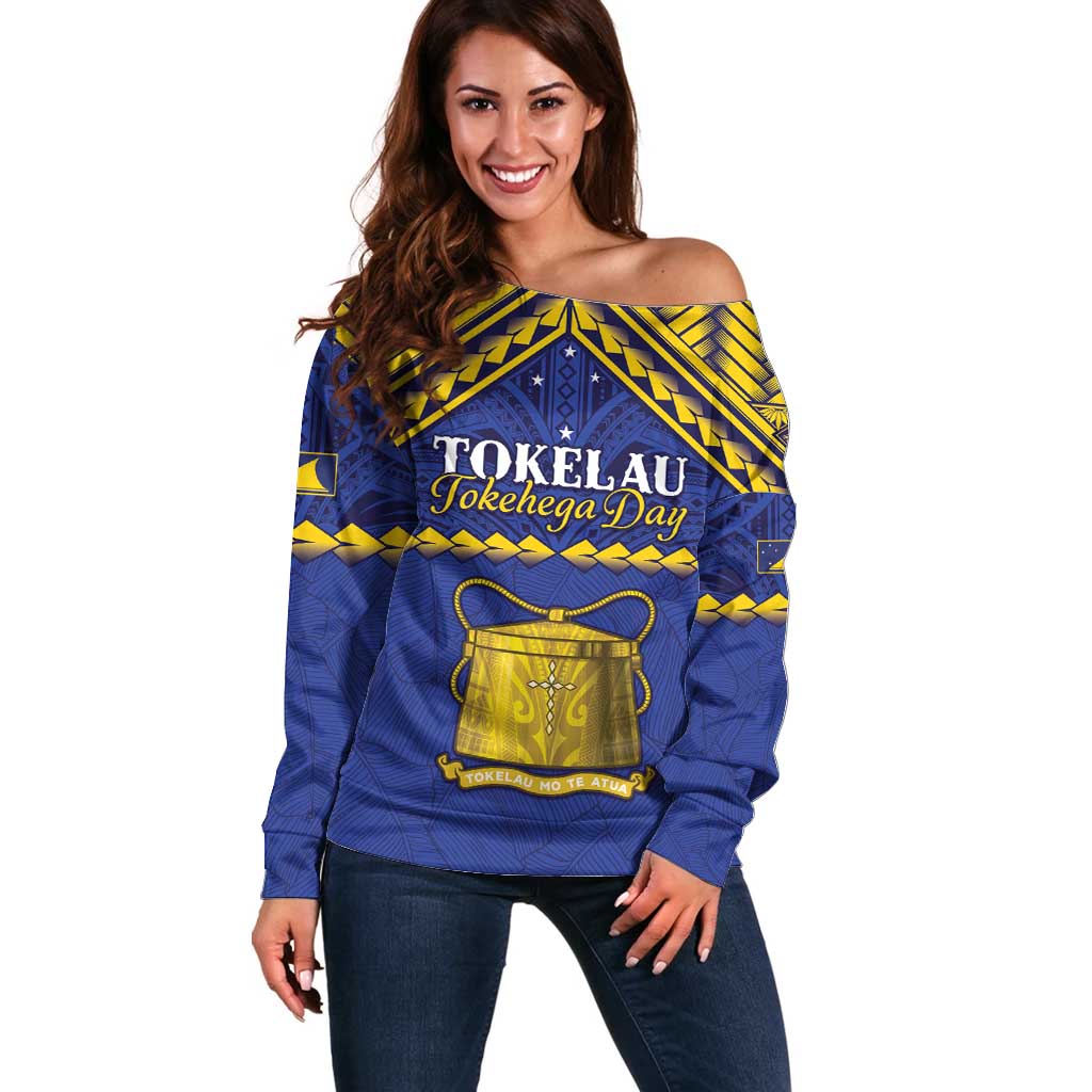 Personalised Tokelau Happy Tokehega Day Off Shoulder Sweater Polynesian Tribal Tattoo LT05 Women Blue - Polynesian Pride
