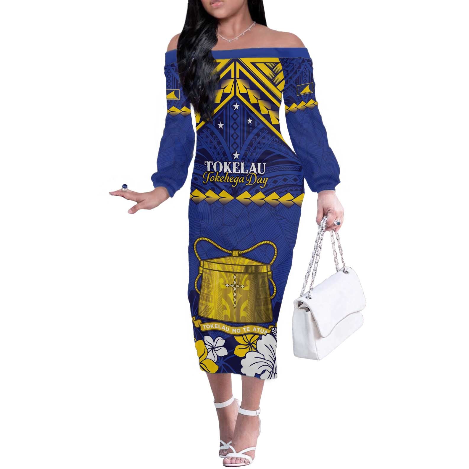 Personalised Tokelau Happy Tokehega Day Off The Shoulder Long Sleeve Dress Polynesian Tribal Tattoo LT05 Women Blue - Polynesian Pride