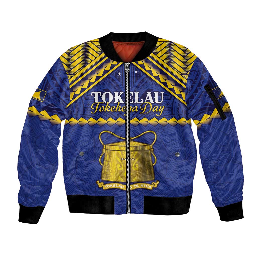 Personalised Tokelau Happy Tokehega Day Sleeve Zip Bomber Jacket Polynesian Tribal Tattoo LT05 Unisex Blue - Polynesian Pride