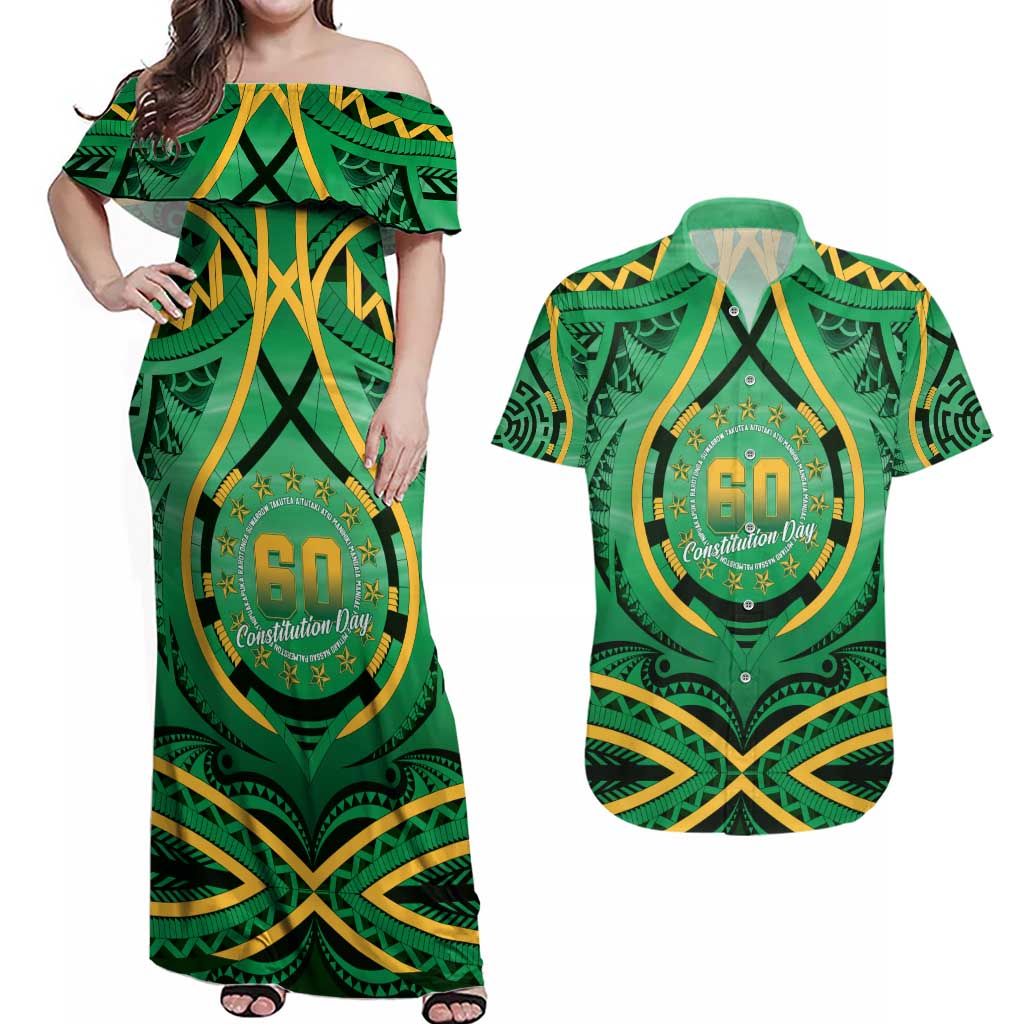 Cook Islands Constitution Day Couples Matching Off Shoulder Maxi Dress and Hawaiian Shirt 60th Anniversary - Polynesian Pride