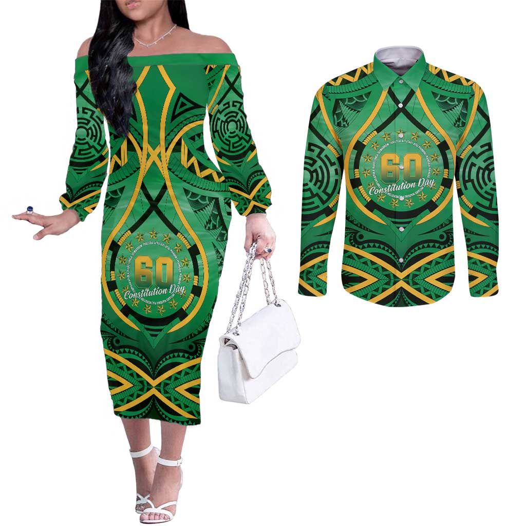 Cook Islands Constitution Day Couples Matching Off The Shoulder Long Sleeve Dress and Long Sleeve Button Shirt 60th Anniversary - Polynesian Pride